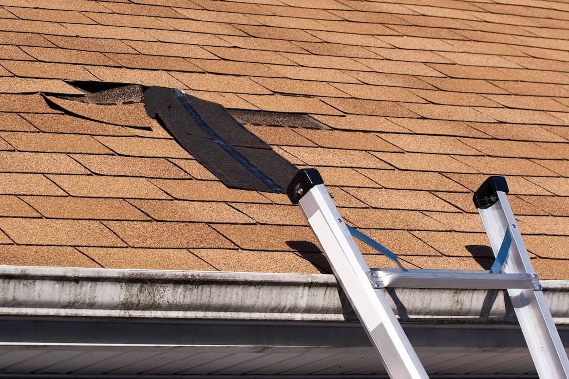 Three tab shingle falling off the roof. A common type of roof issue to be repaired.
