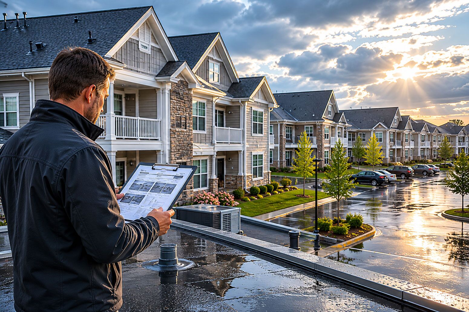 Man inspecting apartment buildings with a clipboard after rain at sunset