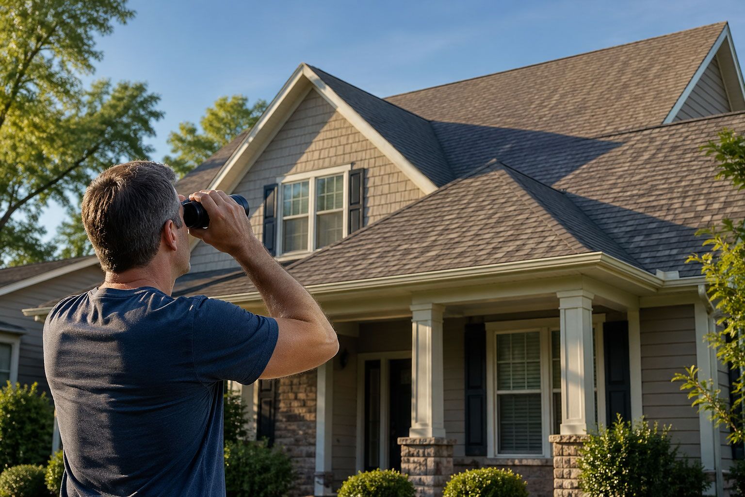 Man using binoculars to inspect his roof from the ground. Home roof inspection for damage and roof maintenance.