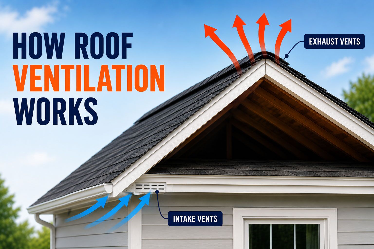 How roof ventilation works featured image with cross section of house attic with intake and exhaust ventilation callouts.