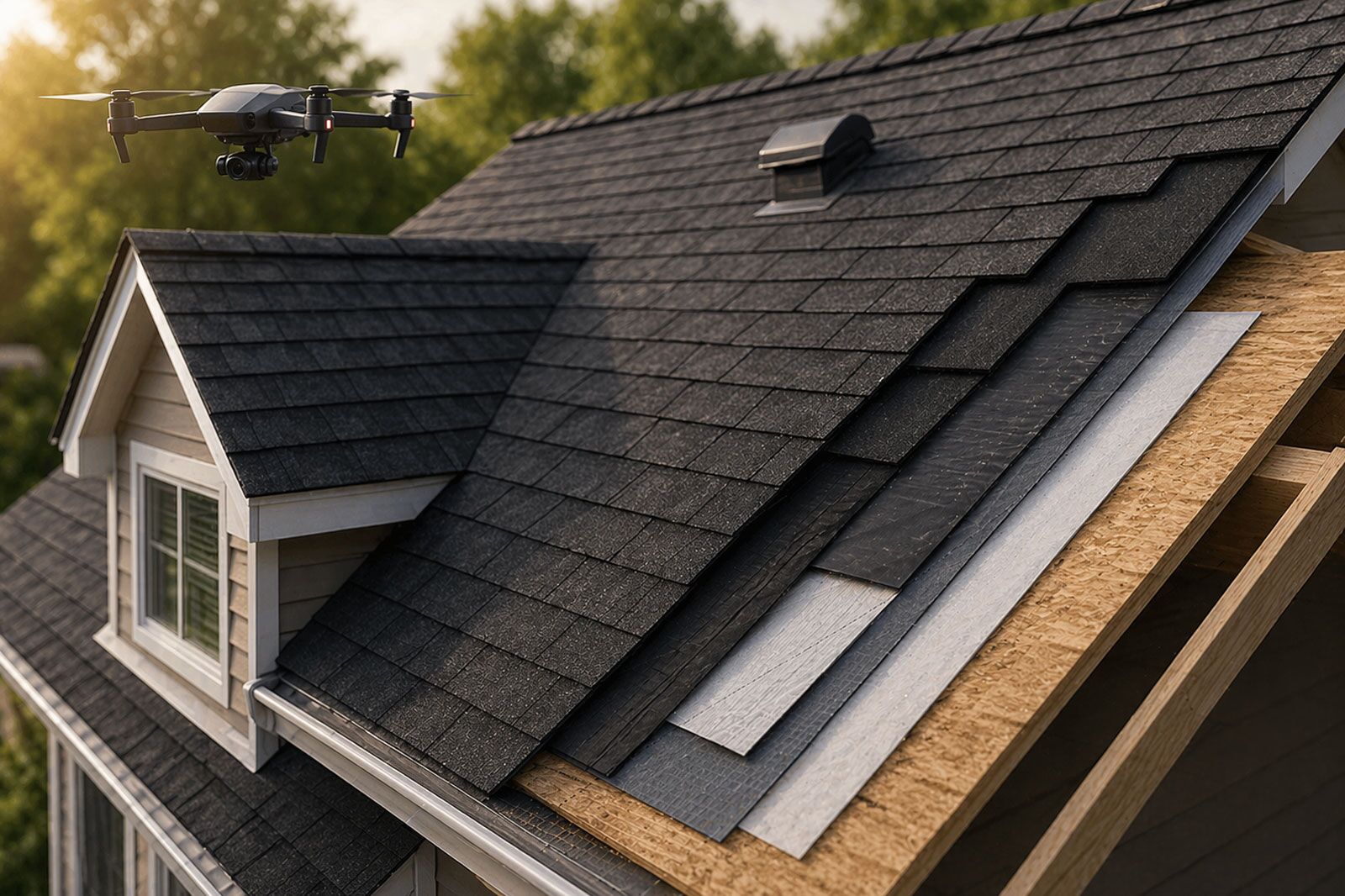 Drone scanning a roof with multiple layers of the roofing system shown in cross section