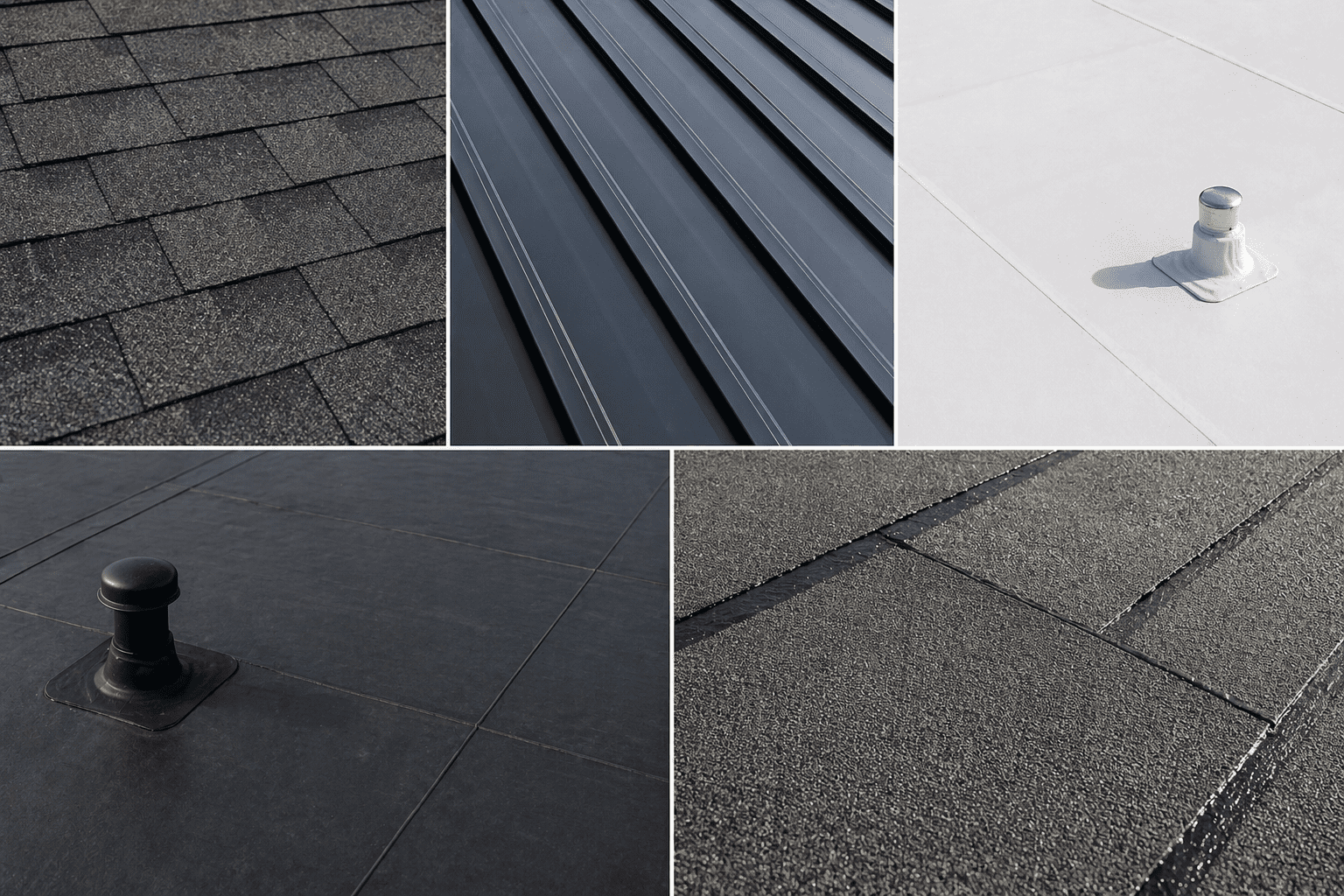 Multi-family roof lifespan guide showcasing 5 roofing systems: asphalt shingles, metal, TPO, EPDM, and modified bitumen.
