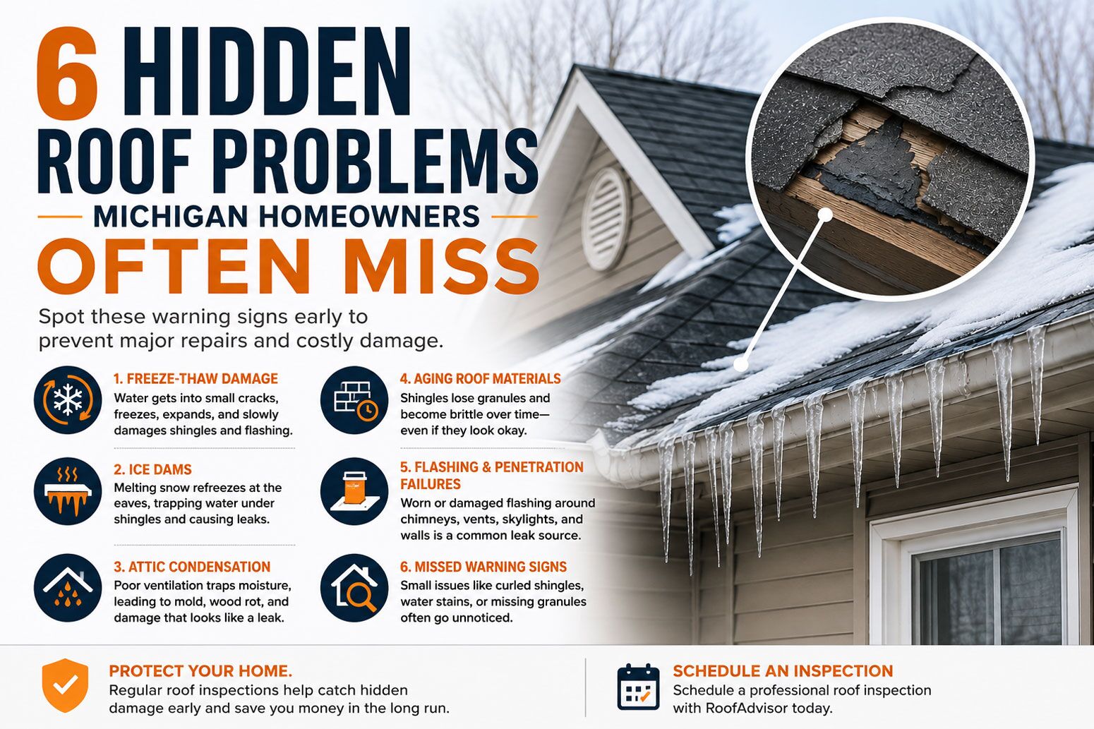 Infographic about 6 hidden roof problems Michigan homeowners often miss, with signs and inspection advice
