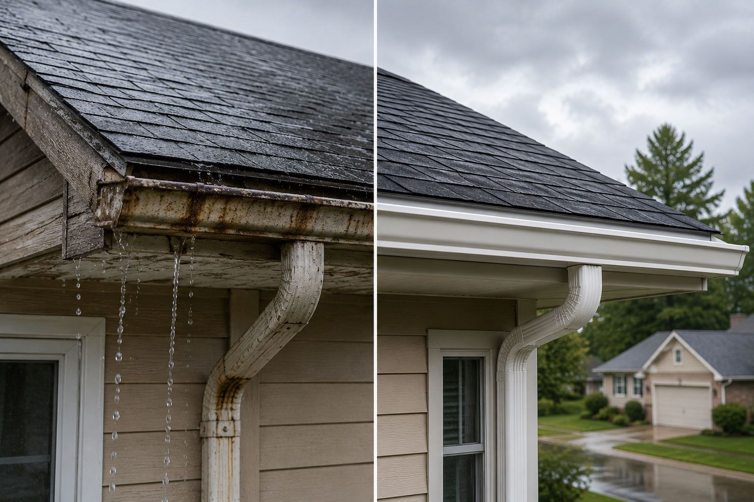 Roof replacement and gutters, how they look before and after.