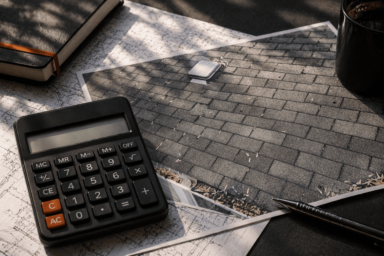Michigan roofing cost estimate: Calculator, blueprints, pen, notebook, and coffee arranged on a table with a view of a roof with skylights.