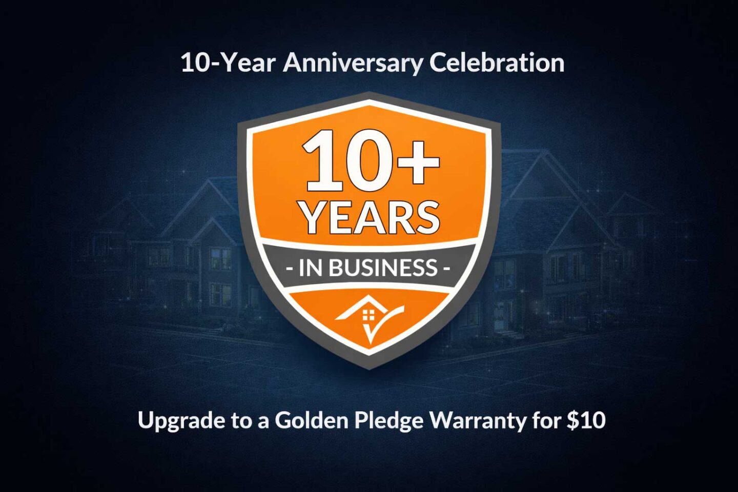RoofAdvisor's 10-Year Anniversary Special Offer: a 10+ year in business warranty badge, celebrating a decade of roofing excellence and warranty offer.
