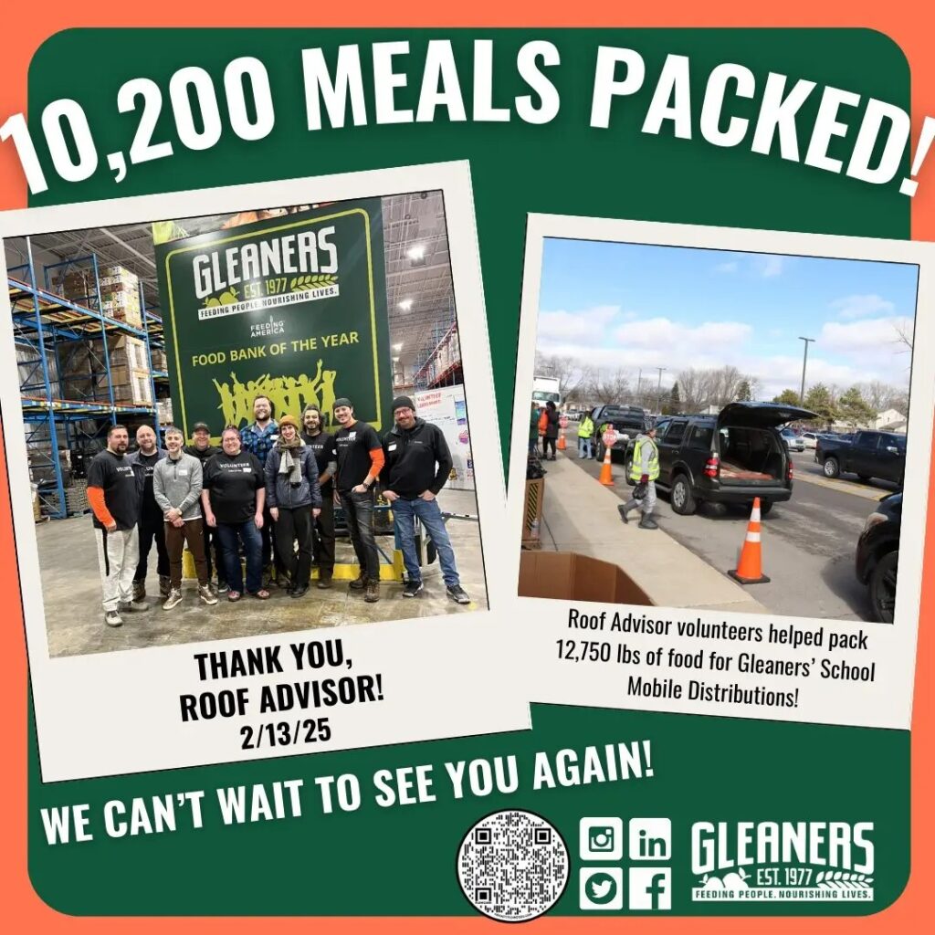 RoofAdvisor Gives Back: Volunteers pack 10,200 meals with Gleaners, a food bank. Roof Advisor's team helps with food distribution.
