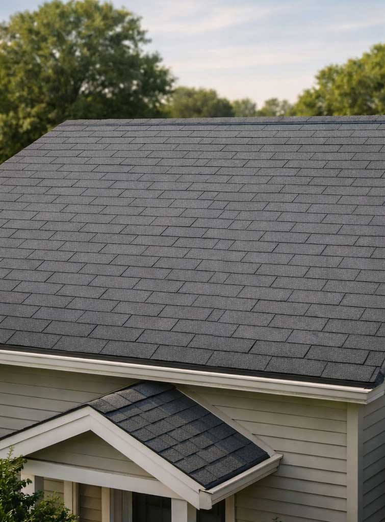 Example of a roof with standard 3-tab asphalt shingles. Used in the 2026 roofing guide comparing asphalt shingles vs. architectural shingles. 