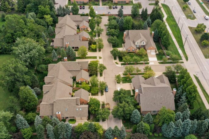 Roofing issues solved in Troy MI. Ariel view of multi-family community with new roofing.