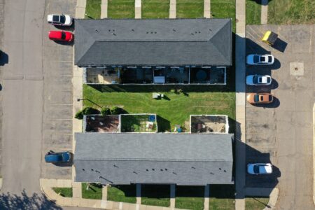 Overhead shot of multi-family roofing project