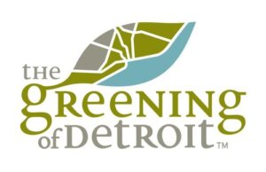 RoofAdvisor Gives Back: The Greening of Detroit logo. Leaf graphic with city map, promoting environmental sustainability and community engagement.