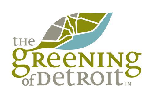 RoofAdvisor Gives Back: The Greening of Detroit logo. Leaf graphic with city map, promoting environmental sustainability and community engagement.