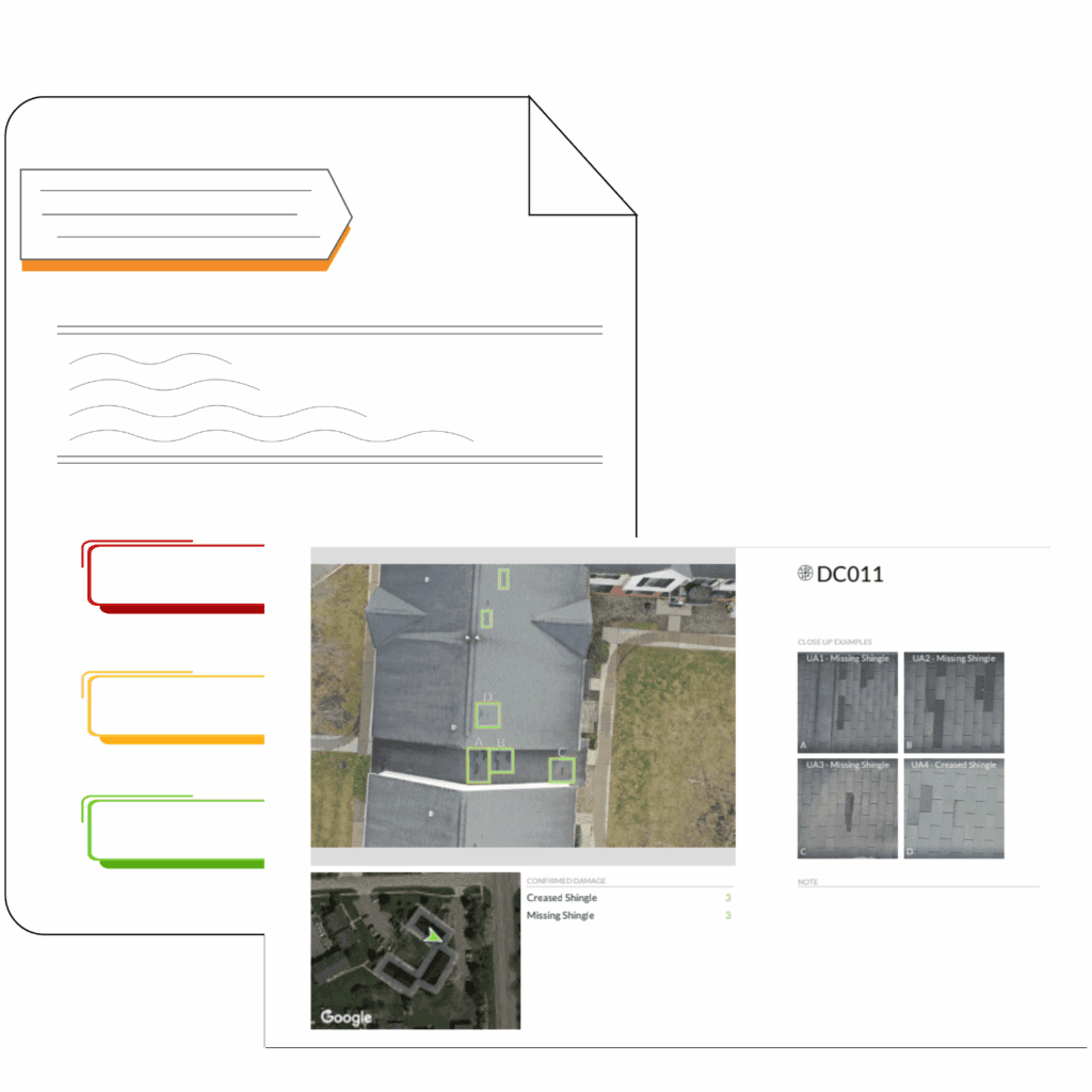 Roof health check report. Aerial view of roof showing shingle damage from outdoor elements.