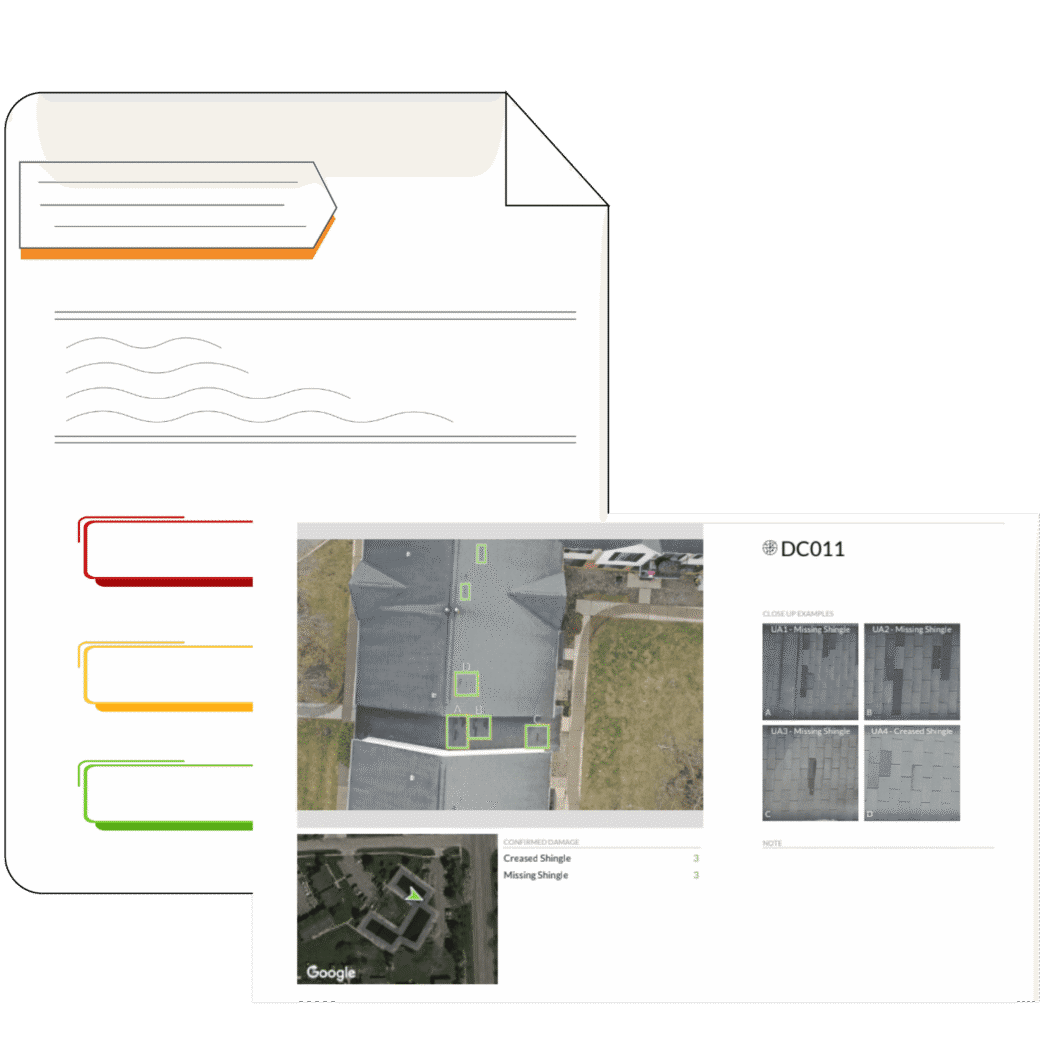 Roof health check report. Aerial view of roof inspection showing shingle damage.