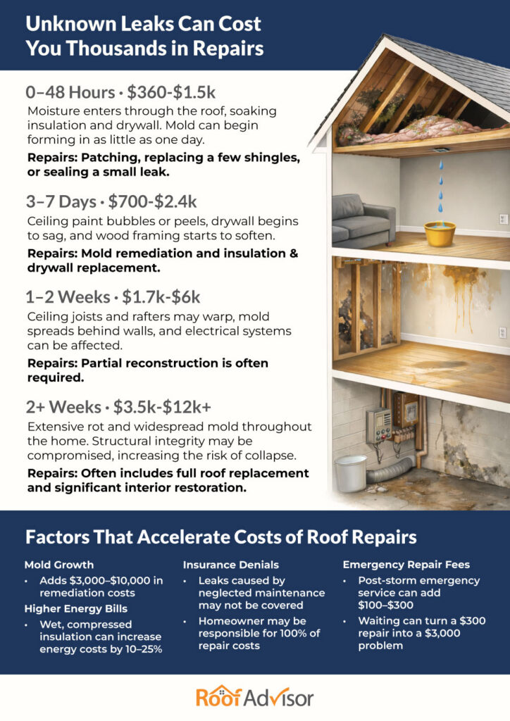 Unknown residential leaks can cause costly home repairs. Stages of water damage: mold, drywall, roof rot. Insurance, energy, and repair costs factors shown.