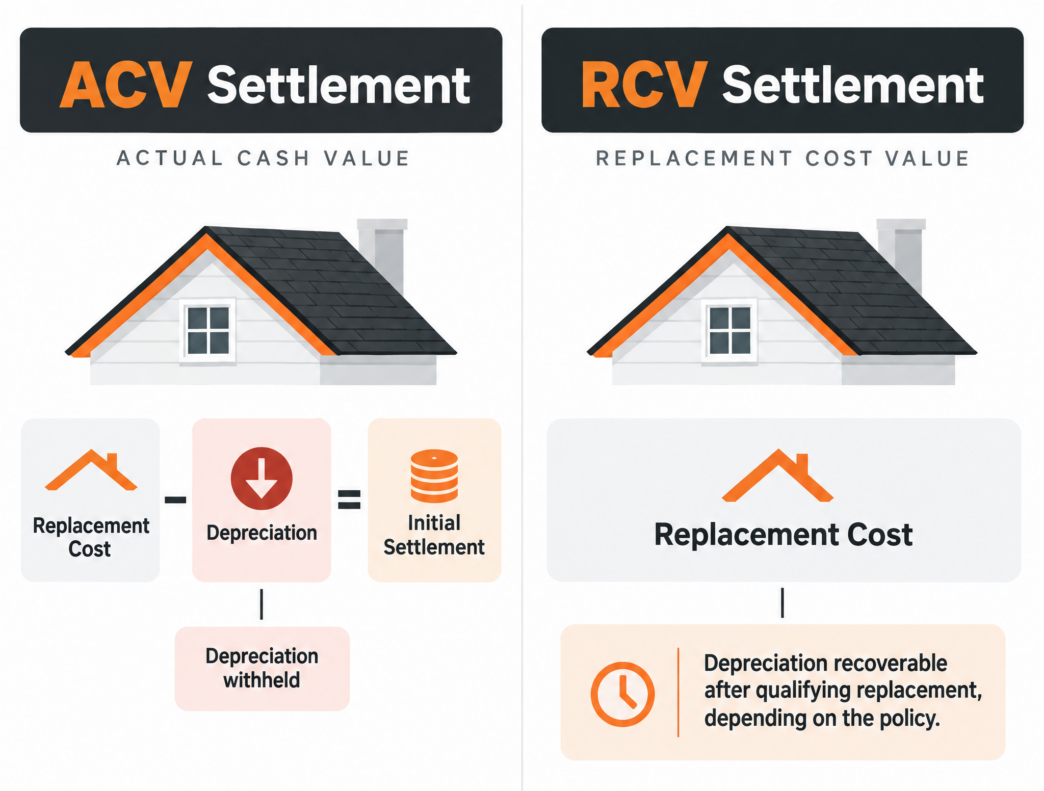 Illustration explaining ACV actual cash value versus RCV replacement cost value in a roofing insurance settlement