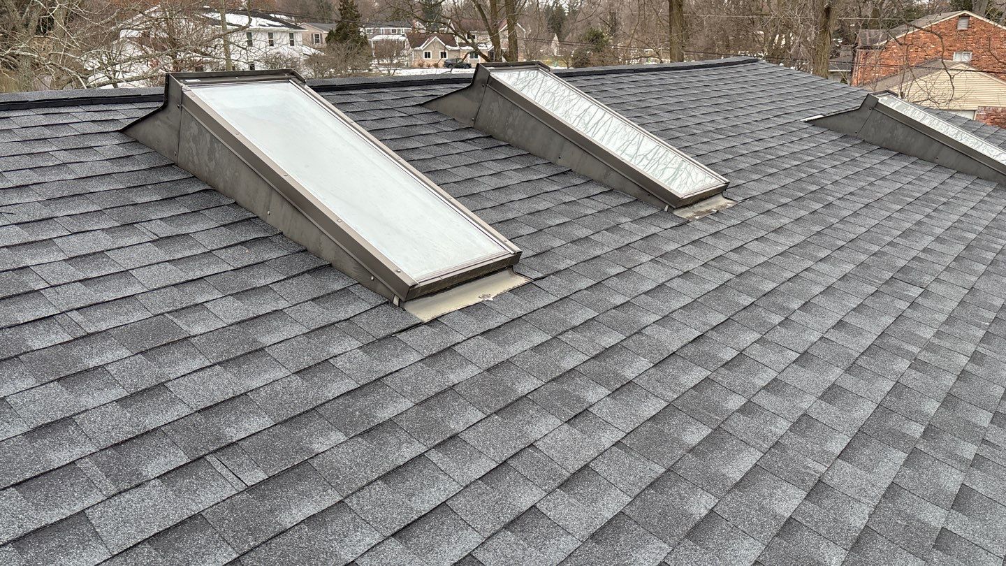 Gray asphalt shingle roof with three rectangular skylights, surrounded by trees and neighboring houses in the background.