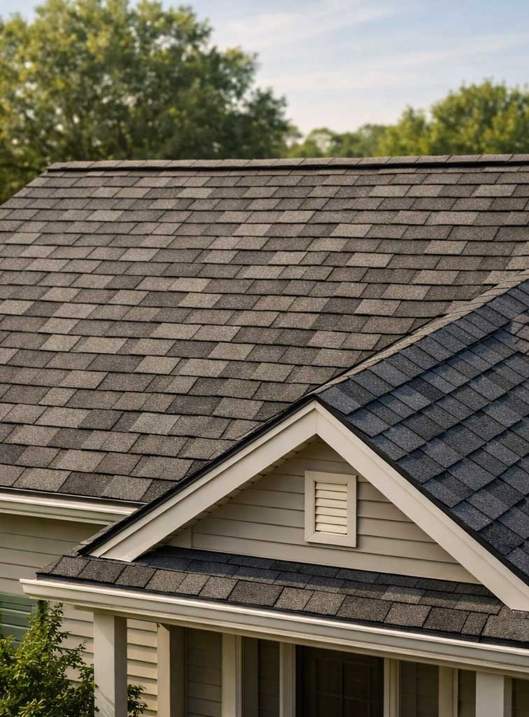 Close-up of a roof with architectural shingles, showcasing their layered design. Ideal for 2026 Roofing Guide comparing asphalt vs. architectural shingles.