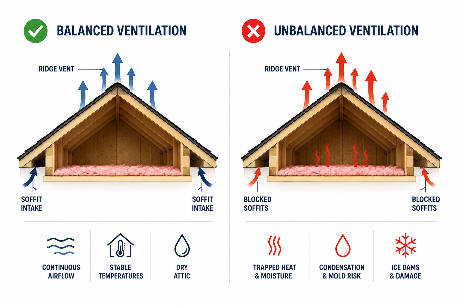 Unbalanced vs balanced attic ventilation and the signs to look for. 
