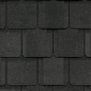Belmont by CertainTeed Black Granite roofing shingles. Close-up of a section of new asphalt roof. High quality composition roofing material. 
