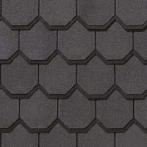 CertainTeed Carriage House Black Pearl shingles close-up. Asphalt roofing with a scalloped edge, dark gray color. Durable roofing with a unique design.