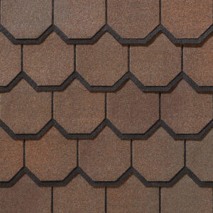 Carriage House by CertainTeed in Brownstone color. Close-up of roofing shingles showing texture, color variation, and distinct octagonal shape. A durable roofing choice.