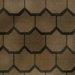 CertainTeed Carriage House Chestnut shingles: A close-up of architectural roofing shingles in a warm, earthy brown tone with dark shadow lines for definition.