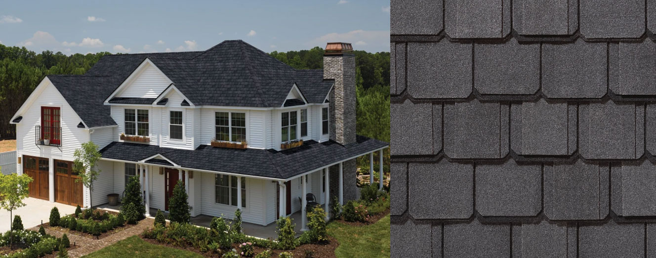 Designer Grand Manor shingles on home. Mimic the look of a natural slate roof.