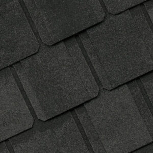 Close-up of CertainTeed Belmont shingles, showcasing their distinct texture and dark color. Ideal for a durable and stylish roof. CertainTeed roofing.