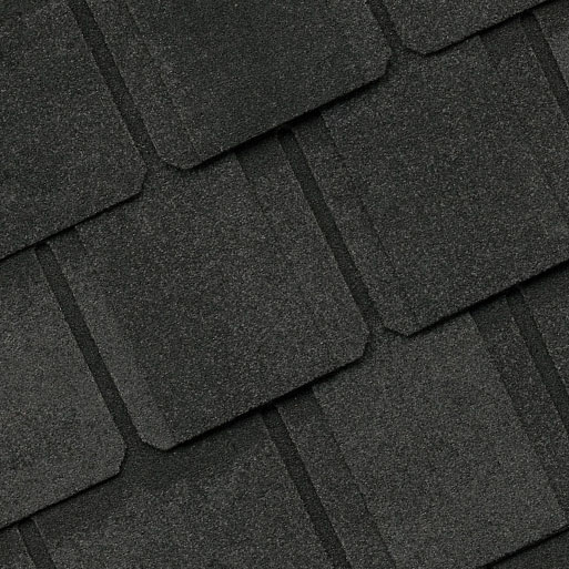 Close-up of CertainTeed Belmont shingles, showcasing their distinct texture and dark color. Ideal for a durable and stylish roof. CertainTeed roofing.
