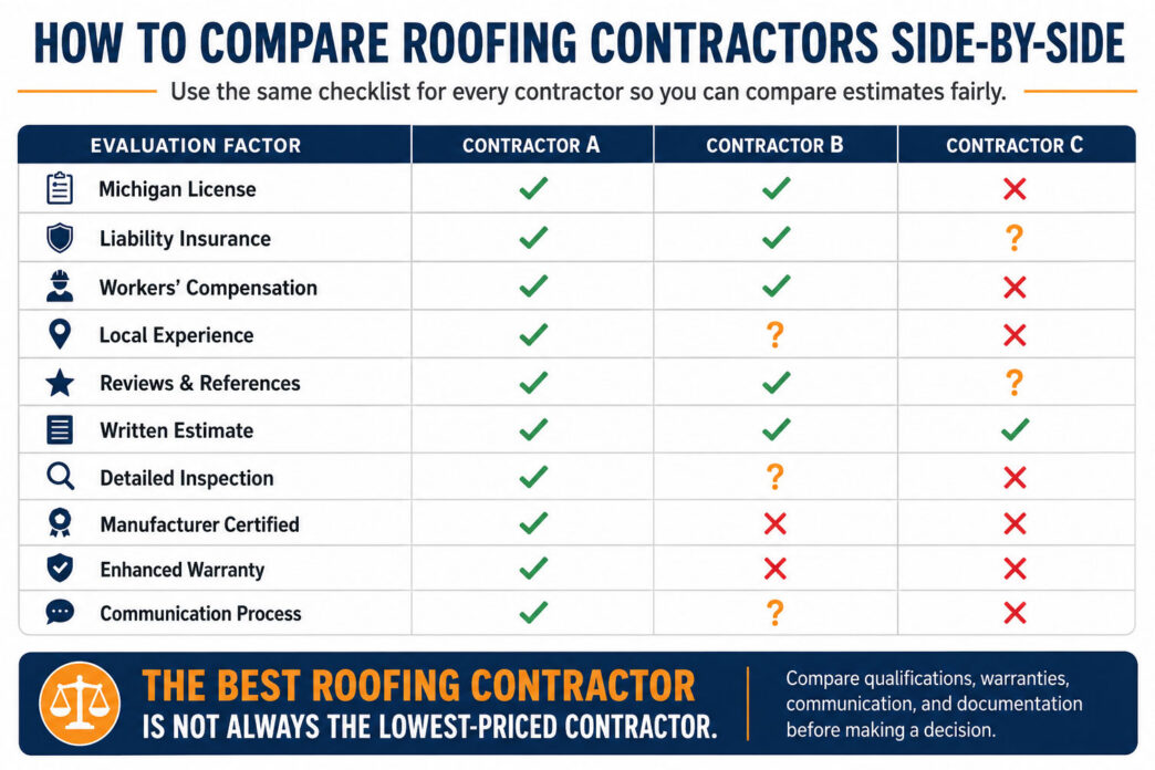 A comparison table for roofing contractors featuring evaluation factors like Michigan license, liability insurance, and written estimates for three companies.