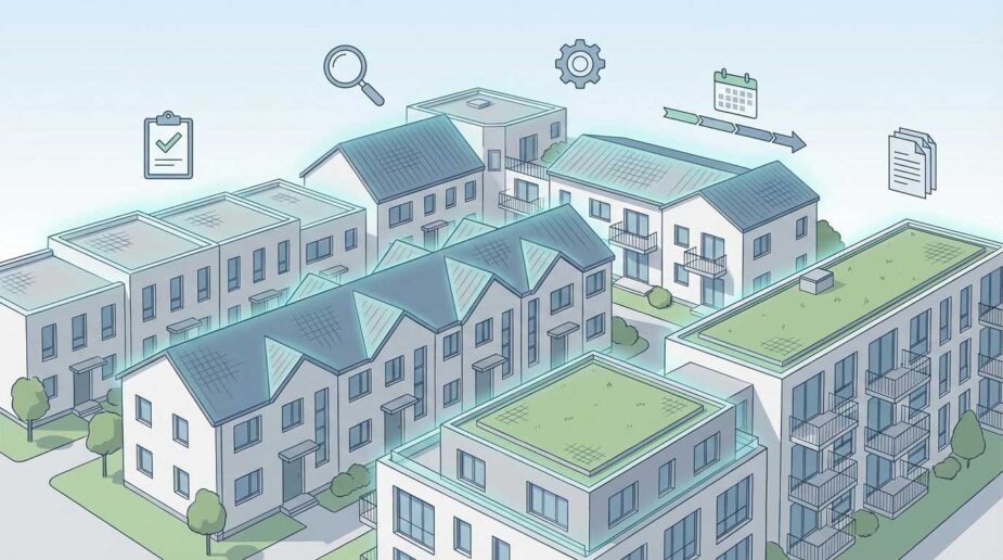 Illustration of houses with icons showing roof inspection and planning. Avoid costly roofing mistakes with proper maintenance and planning. 149 chars