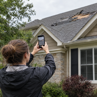 : Homeowner documenting roof storm damage for insurance claim from safe ground-level position.