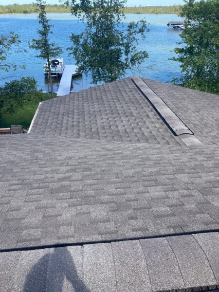 Shot from on top of roof showing repair after storm damage