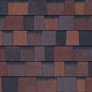 Owens Corning Duration Designer Shingles in Bourbon color. Close-up showcases the rich blend of brown, black, and grey tones, ideal for roofing design inspiration.