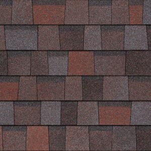 Owens Corning Duration Designer Shingles in Merlot. Close-up of roofing material showing a blend of dark red and brown tones. Asphalt shingle texture.