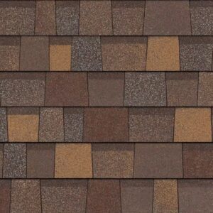 Owens Corning Duration Designer Shingles in Sedona Canyon: A close-up of rich, multi-toned brown and tan roofing shingles. Durable and stylish.