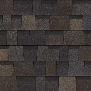 Close-up of Owens Corning Duration Flex Shingles in Black Sable color. Durable roofing material with a textured surface, ideal for home protection.