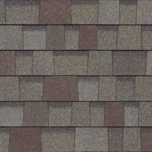 Close-up of Owens Corning Duration Flex Shingles in Driftwood color. Flexible asphalt roofing with a natural, textured look. Ideal for home roofing.