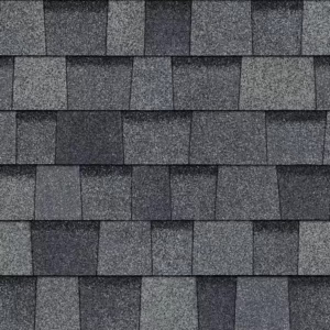 Close-up of Owens Corning Duration Flex Shingles in Estate Gray. Durable roofing with a textured surface, providing a high-quality, attractive finish.