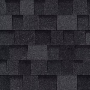 Close-up of Owens Corning Duration Flex Shingles in Onyx Black. High-quality roofing material offering durability and style. Angled view of shingle pattern.