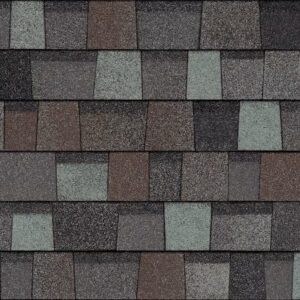 Close-up of Owens Corning Duration Flex Shingles in Stormcloud color. Roofing material with a blend of gray, brown, and green hues, showcasing texture and detail.