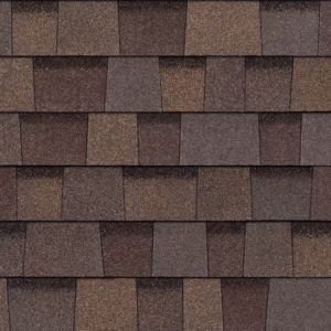 Close-up of Owens Corning Duration Flex Shingles in Teak color. Roofing material with a textured surface showing a mix of brown shades. High-quality roofing.