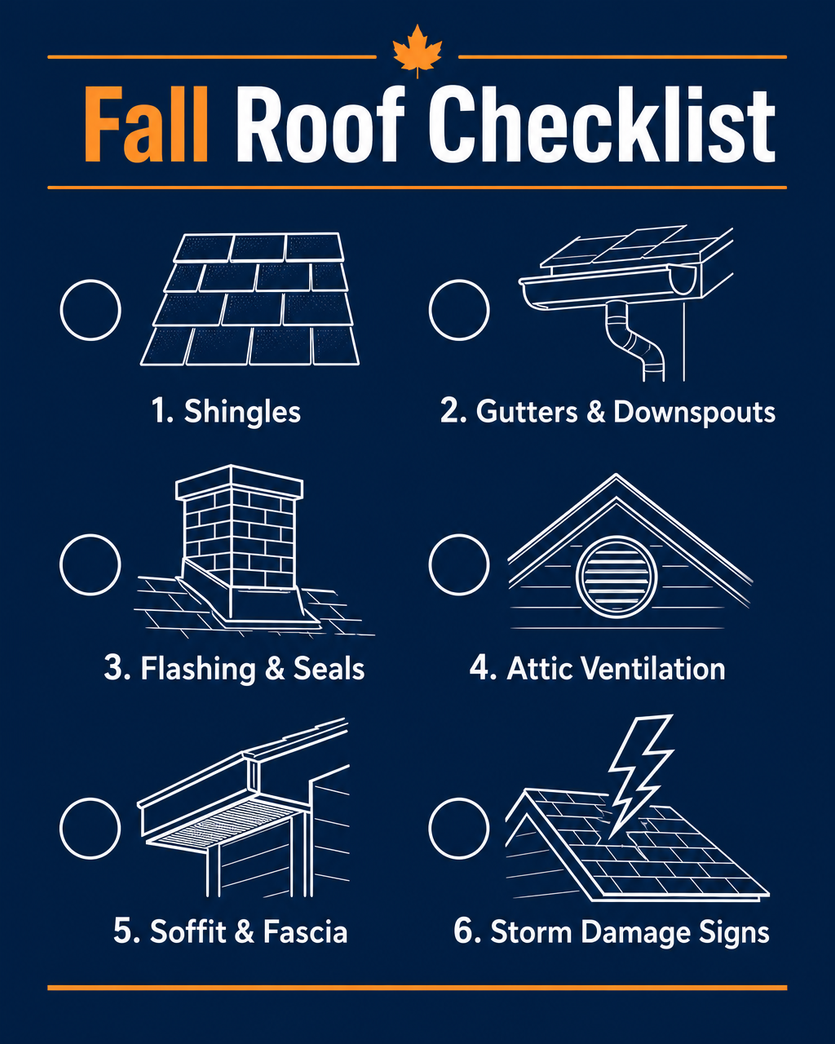 Fall roof checklist covering shingles, gutters, flashing, attic ventilation, soffit and fascia, and storm damage signs