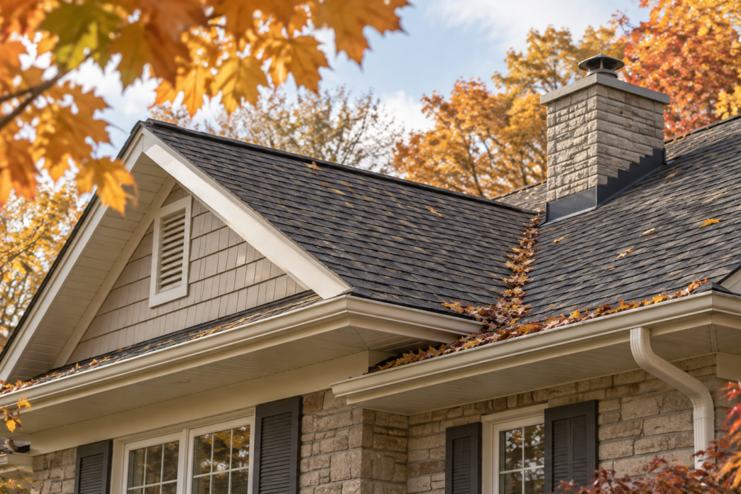 A residential roof with dark asphalt shingles and a stone chimney, showing a valley filled with autumn leaves during a fall roof inspection in Michigan.