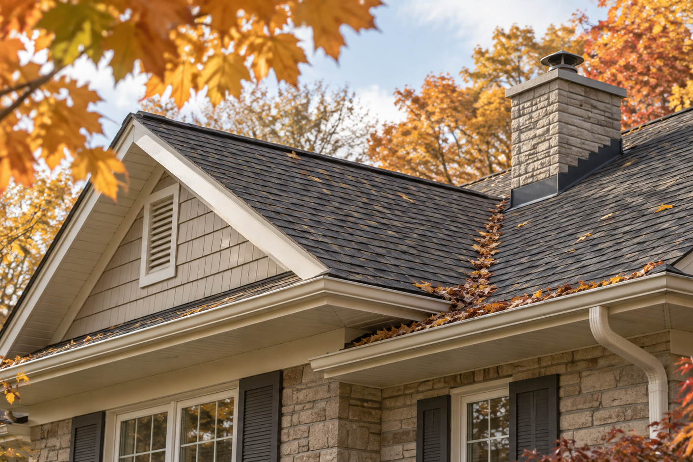 A residential roof with dark asphalt shingles and a stone chimney, showing a valley filled with autumn leaves during a fall roof inspection in Michigan.