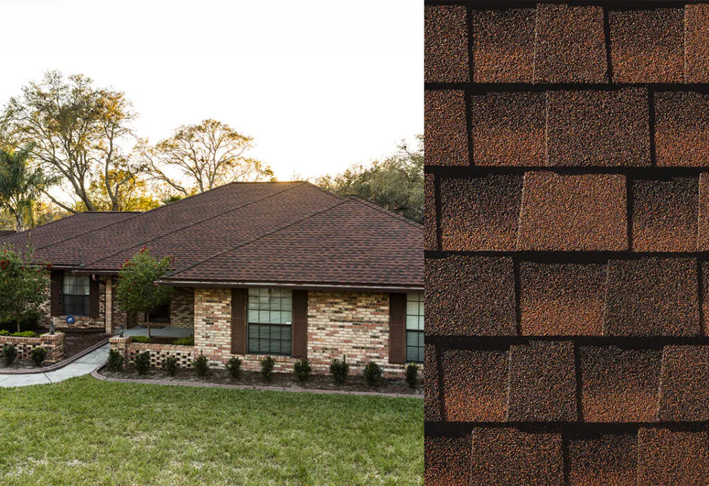 GAF Timberline HDZ Shingles in Hickory on a home. Close-up of the roofing shingles. Durable, stylish, and weather-resistant asphalt roofing material.