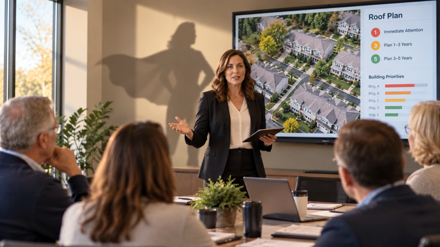 Condo Roof Replacement Planning: Condo community manager reviewing a roof plan for a community property roofing project