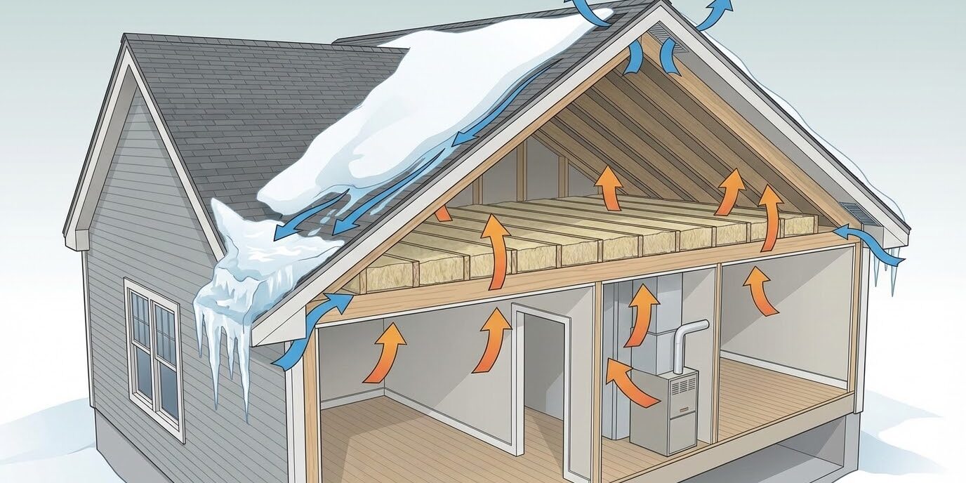 Diagram illustrating heat transfer in a home creating ice dams on the roof. Part of the 2026 Homeowners Guide on understanding ice dams.