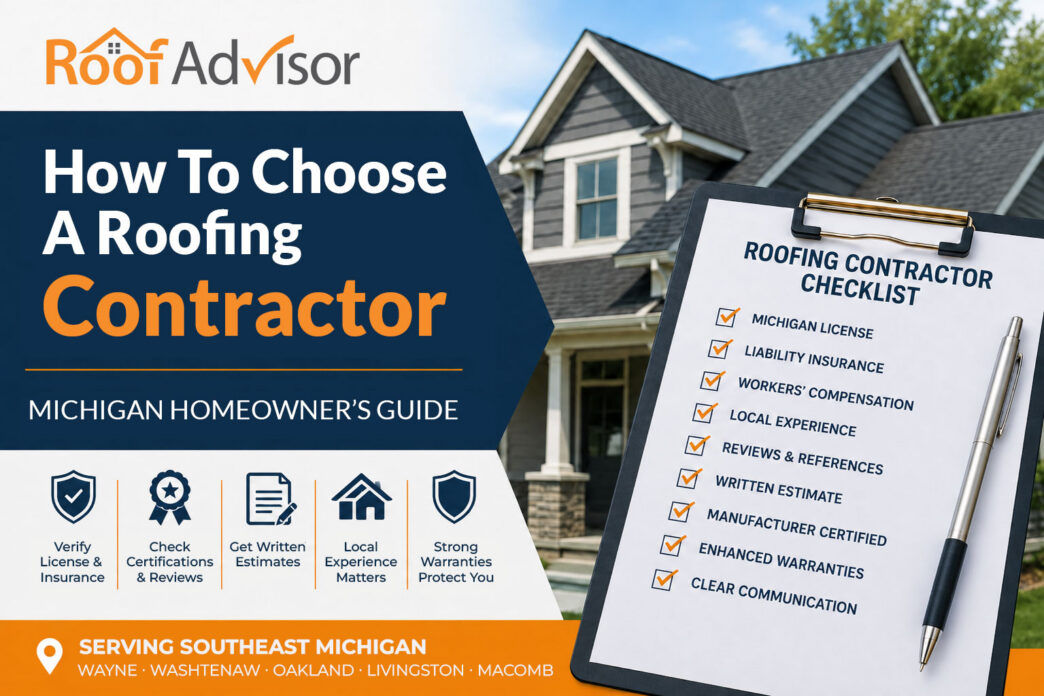 Homeowner roofing contractor checklist graphic with a Southeast Michigan house in the background for a guide on choosing a roofing contractor.